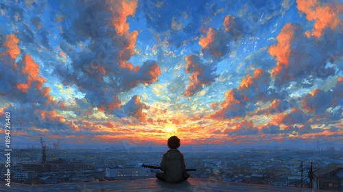 view with person watching sunset, calm pause in ordinary daily life