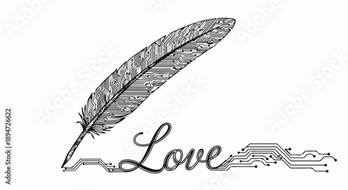 Feather pen transforming into digital circuits, symbolizing the evolution of writing and creativity.