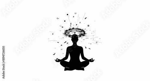 Silhouette of person meditating with glowing halo and scattered particles symbolizing thoughts and ideas
