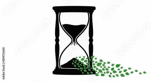 Hourglass symbolizes the passage of time with falling green leaves representing nature's cycle.