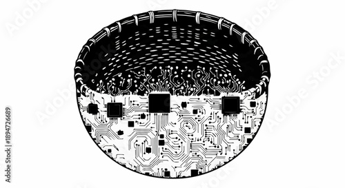 Futuristic digital sphere with integrated circuit board patterns and microchips