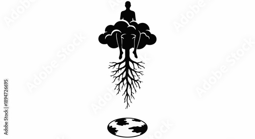 Person grounded in nature, reaching for the sky from a cloud