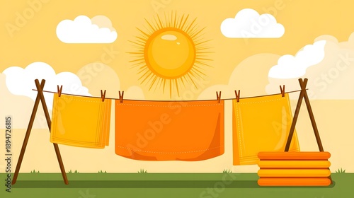 outdoors under sunlight, gentle breeze, simple household daily life task