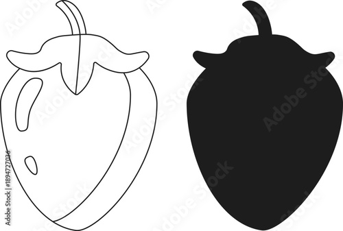 Outline and silhouette of a strawberry on a white background, simple vector art