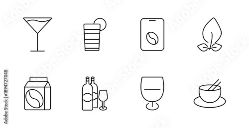 Drink set icon. Cocktail, juice, coffee pack, tea leaf, milk carton, wine bottle, glass, bowl with sticks showing beverages, alcohol, cafe, organic drinks.