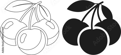 Outline and silhouette of three cherries on a stem with leaves, simple vector art