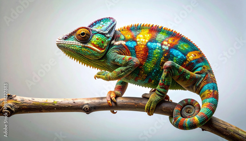 Colorful chameleon perched on a branch, isolated on white background, vibrant reptile with detailed textured skin.