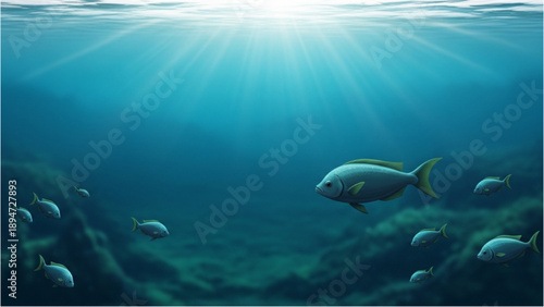 Sunlight filters through the ocean, illuminating a school of fish swimming near a coral reef