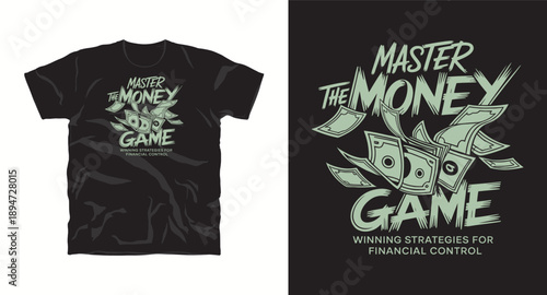 Master money game typography t-shirt design with flying bills and vintage illustration style