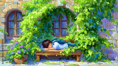 bench with person resting, greenery around, peaceful everyday outdoor life scene