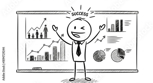 Happy stick figure celebrating success in front of a business chart presentation.