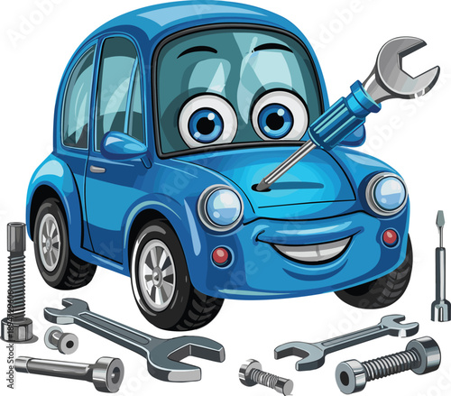 Cartoon blue car character with smiling face surrounded by mechanical tools wrenches bolts and screws for auto repair service concept.