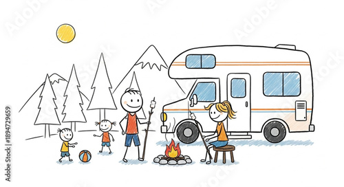 Happy family enjoying camping trip with RV and campfire.