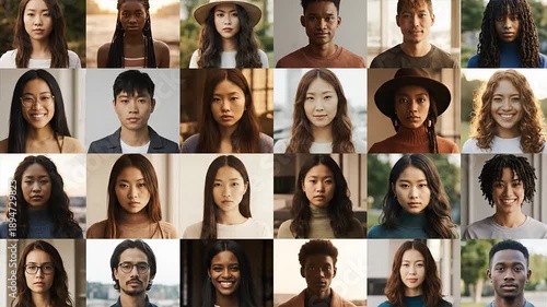 Diverse portraits faces of different ethnicities looking at the viewer