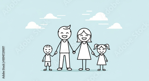 Happy Family Holding Hands Under Clouds.