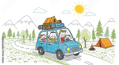Happy family on a road trip adventure in a car loaded with luggage.
