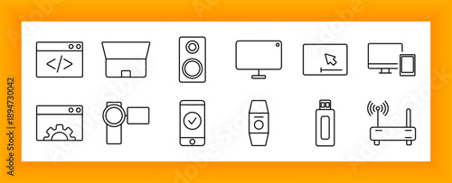 Technology and device set icon. Includes monitor, smartphone, smartwatch, router, USB drive, coding window, speaker, gear interface, projector, and wearable tracker icons.