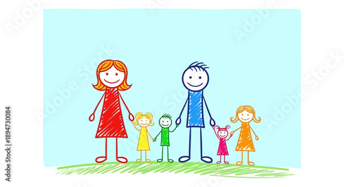 Happy Family Stick Figure Drawing with Children.