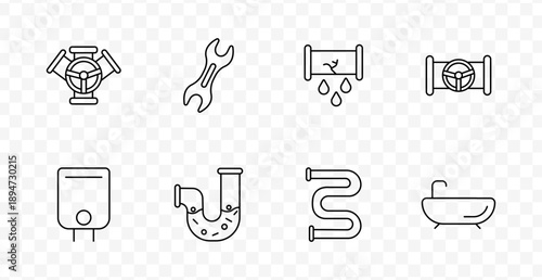 Plumbing set icon. Pipe valve, spanner, leaking pipe, boiler, trap pipe, radiator, bathtub, all in thin outlined shapes for water-related components.
