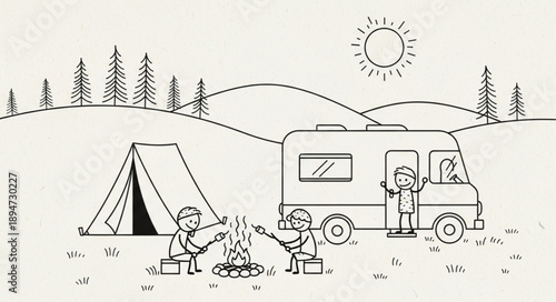 Happy people camping with RV and tent by campfire.