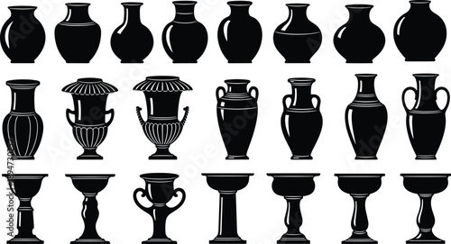 Collection of Minimalist Black Pottery Icons and Ancient Vase Silhouettes Featuring Various Greek Roman and Traditional Ceramic Shapes for Museum Exhibitions and Interior Decor