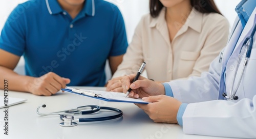 Doctor Consulting and Writing Medical Notes for a Couple in a Clinic, Symbolizing Professional Healthcare Guidance and Family Planning.