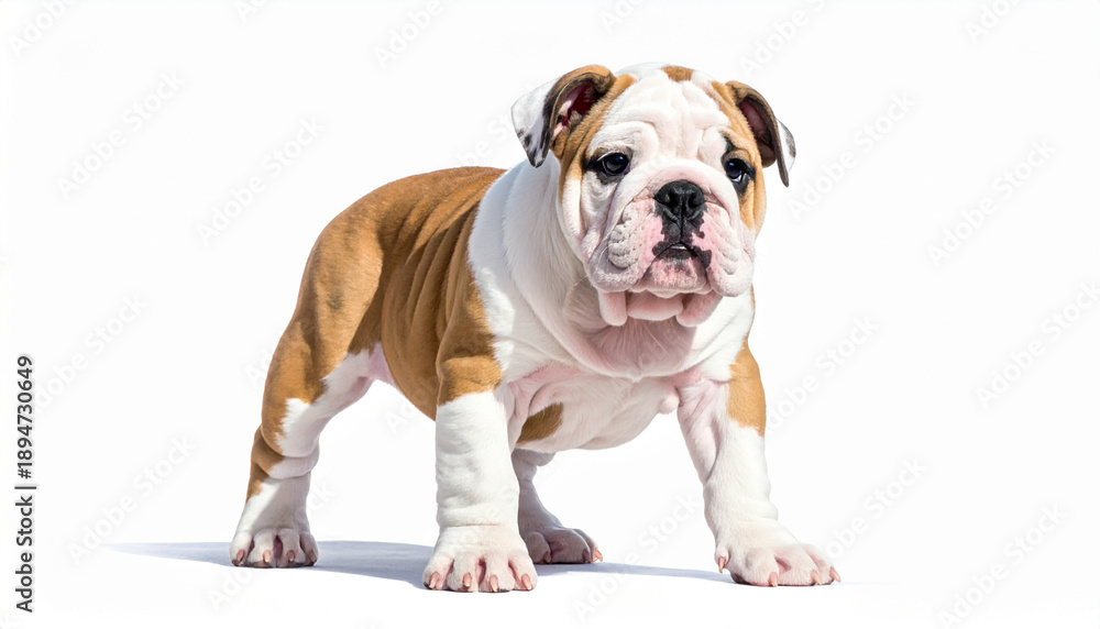 Fototapeta premium Cute bulldog puppy standing isolated on white background, adorable pet portrait with copy space.