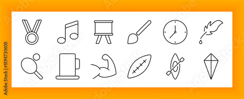 Hobby and interest set icon. Medal, music note, easel, brush, clock, feather, paddle, muscle, football, kite, cup, drawing tool in outlined thin design.
