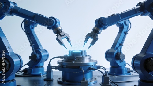 Blue robotic arms assembling mechanical part