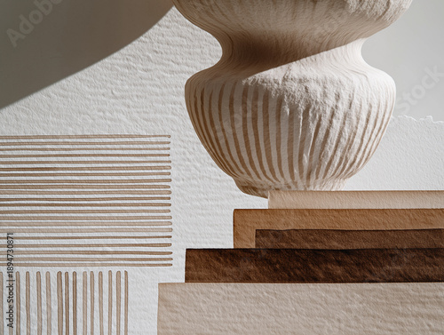 Minimalist Abstract Still Life With Decorative Vases: Modern Composition Featuring Ceramic And Clay Vessels With Stylized Leaves And Organic Shapes In Soft Neutral Tones