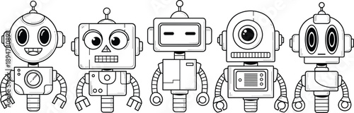 Collection of five cute cartoon robot characters in black and white line art featuring various friendly faces and mechanical bodies isolated on white background