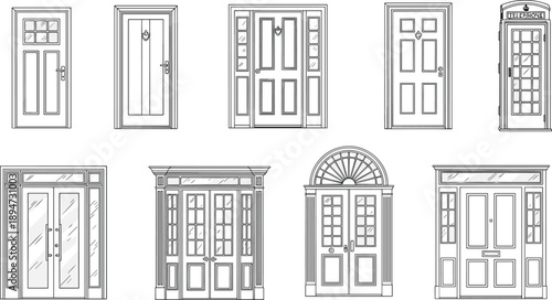 Collection of Detailed Line Art Illustrations Featuring Classic Front Doors British Telephone Booth and Architectural Portals for Real Estate Design and Home Illustration