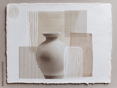 Minimalist Abstract Still Life With Decorative Vases: Modern Composition Featuring Ceramic And Clay Vessels With Stylized Leaves And Organic Shapes In Soft Neutral Tones