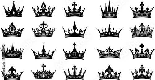 Collection of black crown silhouettes and royal tiara icons for heraldic logo design luxury branding elements king queen royal insignia and minimalist graphic symbols