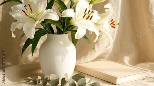 Elegant white lilies in vase with book on neutral fabric background