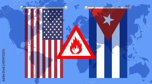 Vector political banner. Vertical flags of United States of America and Republic of Cuba. Red and white triangle. Highly flammable. Global blue world map. American and Cuban