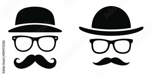 Man and gentleman vector icon set with mustache and hat variations, including bowler, fedora, and formal accessories, suitable for vintage illustrations, character design, branding, and vector graphic