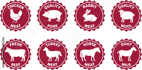 Farm animal product labels, chicken pork rabbit beef turkey horse goat sheep, meat and dairy badge design for organic agriculture packaging