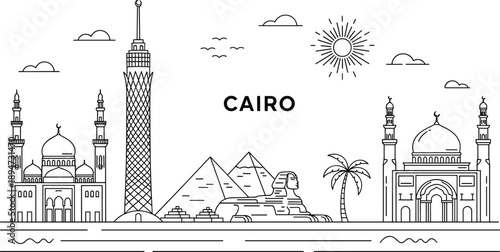 Cairo Egypt skyline line art vector illustration featuring Great Pyramids of Giza Sphinx Cairo Tower and Mosque landmarks isolated on white background for travel.