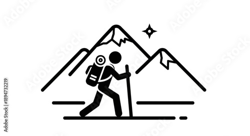 Hiker with backpack and walking stick climbing mountains under starry sky.