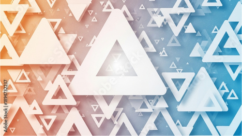 Geometric triangular shapes in varying sizes and colors layered in a modern abstract design with a gradient background viewed from a straight-on perspective