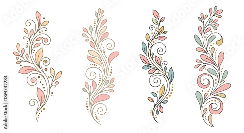 Four elegant pastel floral swirl decorative elements with delicate leaves and dots.