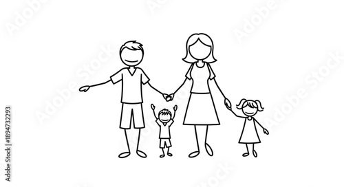 Happy stick figure family holding hands with children.