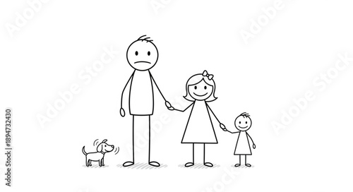 Happy stick figure family with dog illustration.