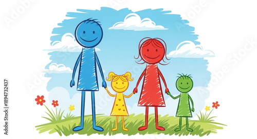 Happy stick figure family standing together outdoors illustration.