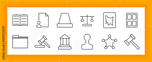 Justice and legal set icon. Gavel, courthouse, badge, fingerprint, scale, book, file folder, certificate, police light, and official seals outlined to show law, authority, and enforcement.