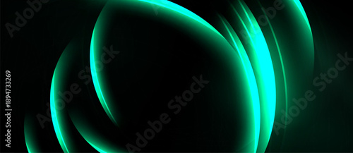 Abstract design features glowing turquoise curves against dark background. Smooth gradients create dynamic, flowing shapes. Minimalist aesthetic.
