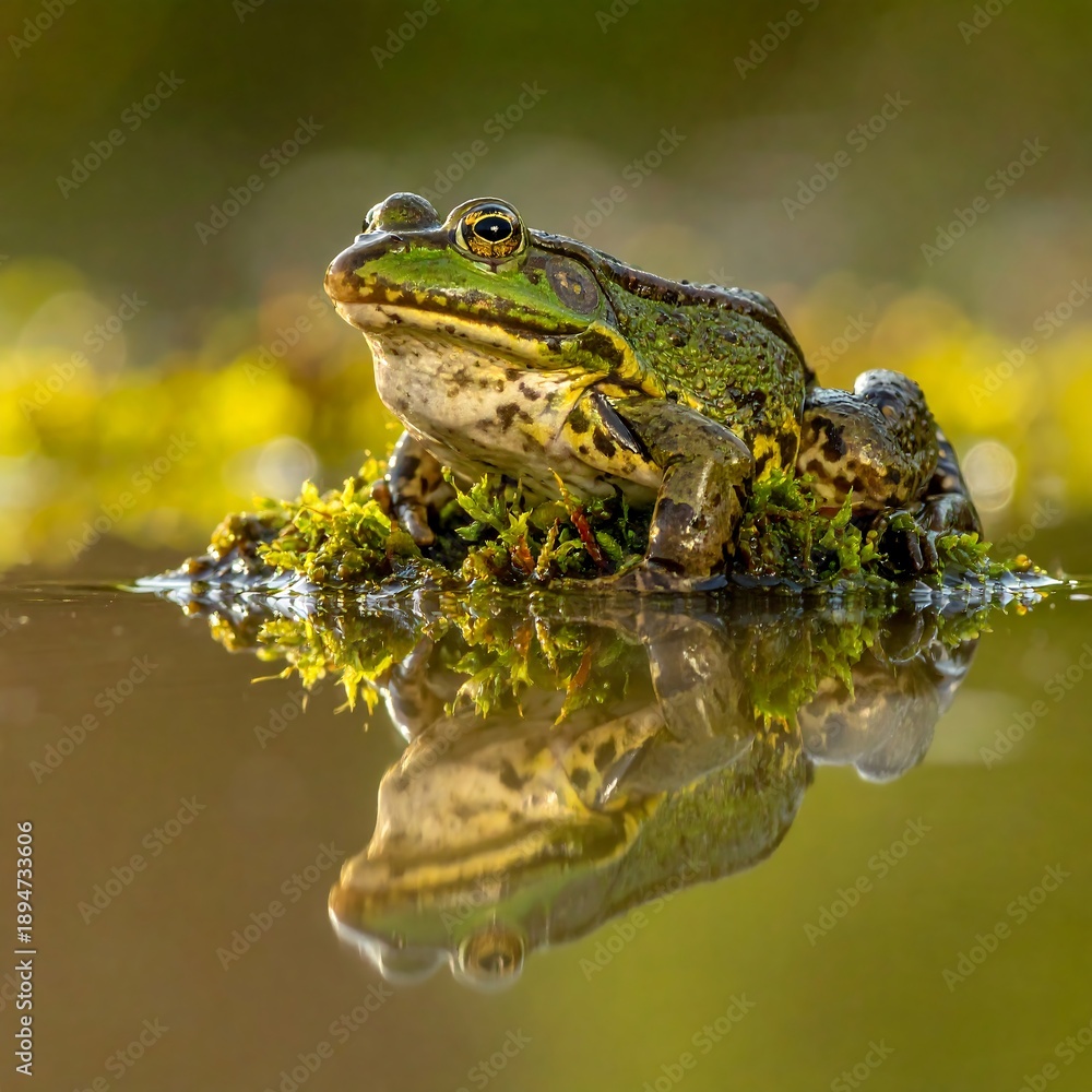 Obraz premium A vibrant close-up of a frog perched on moss, its reflection mirrored in calm water, evoking nature's tranquility