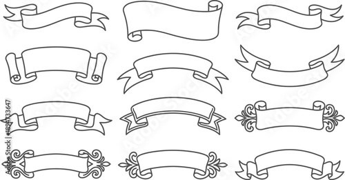 Variety of decorative outline ribbon banners and scroll frames for graphic design projects and elegant vintage-style labels