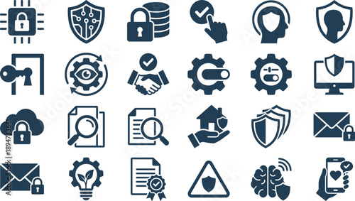 Comprehensive Collection of Dark Blue Digital Security Icons and Cybersecurity Symbols for Data Protection and Privacy